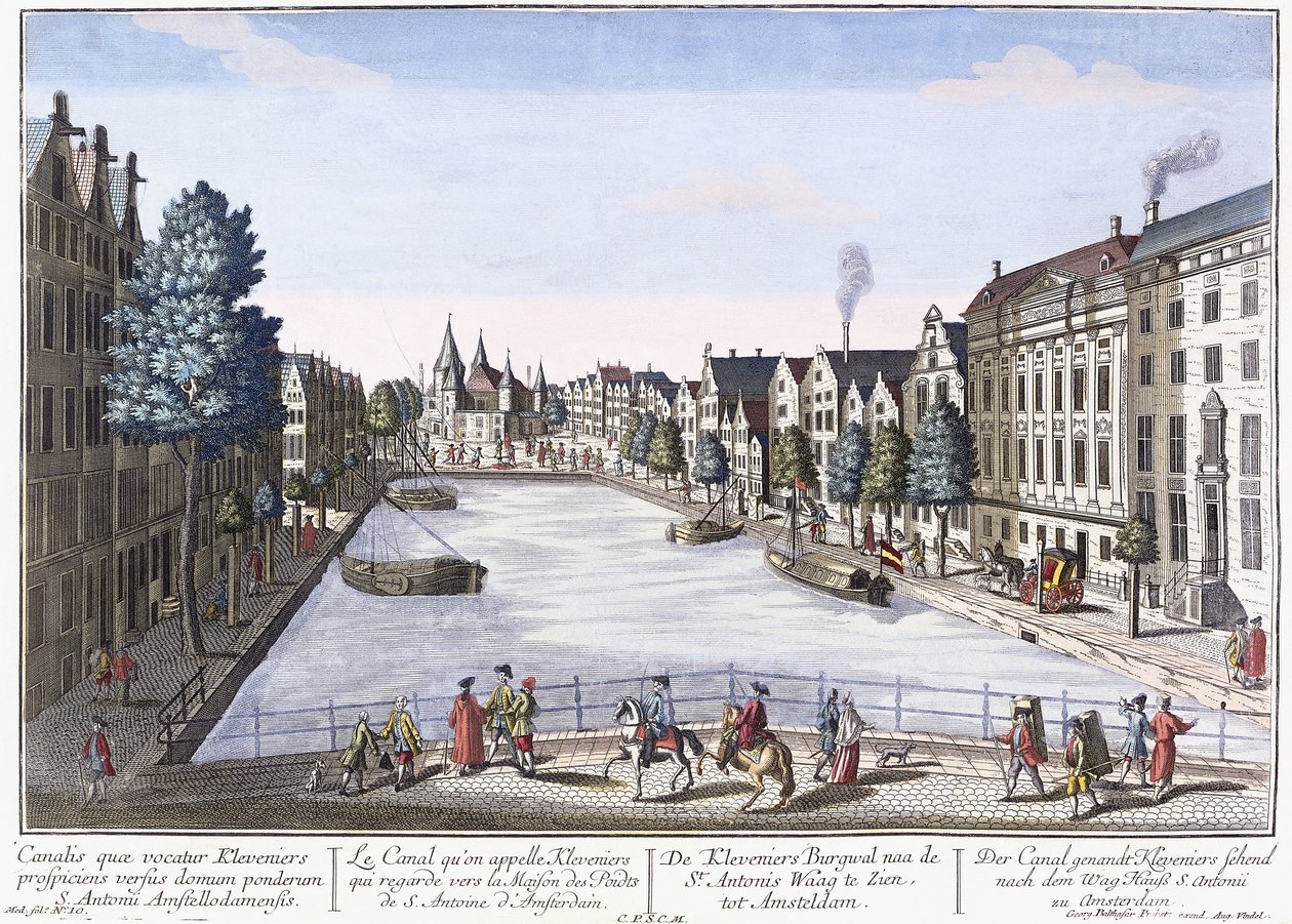 Vue av Kleveniers Canal, Amsterdam, ca. 1740-1770 (håndfarget gravering) av August Vindel