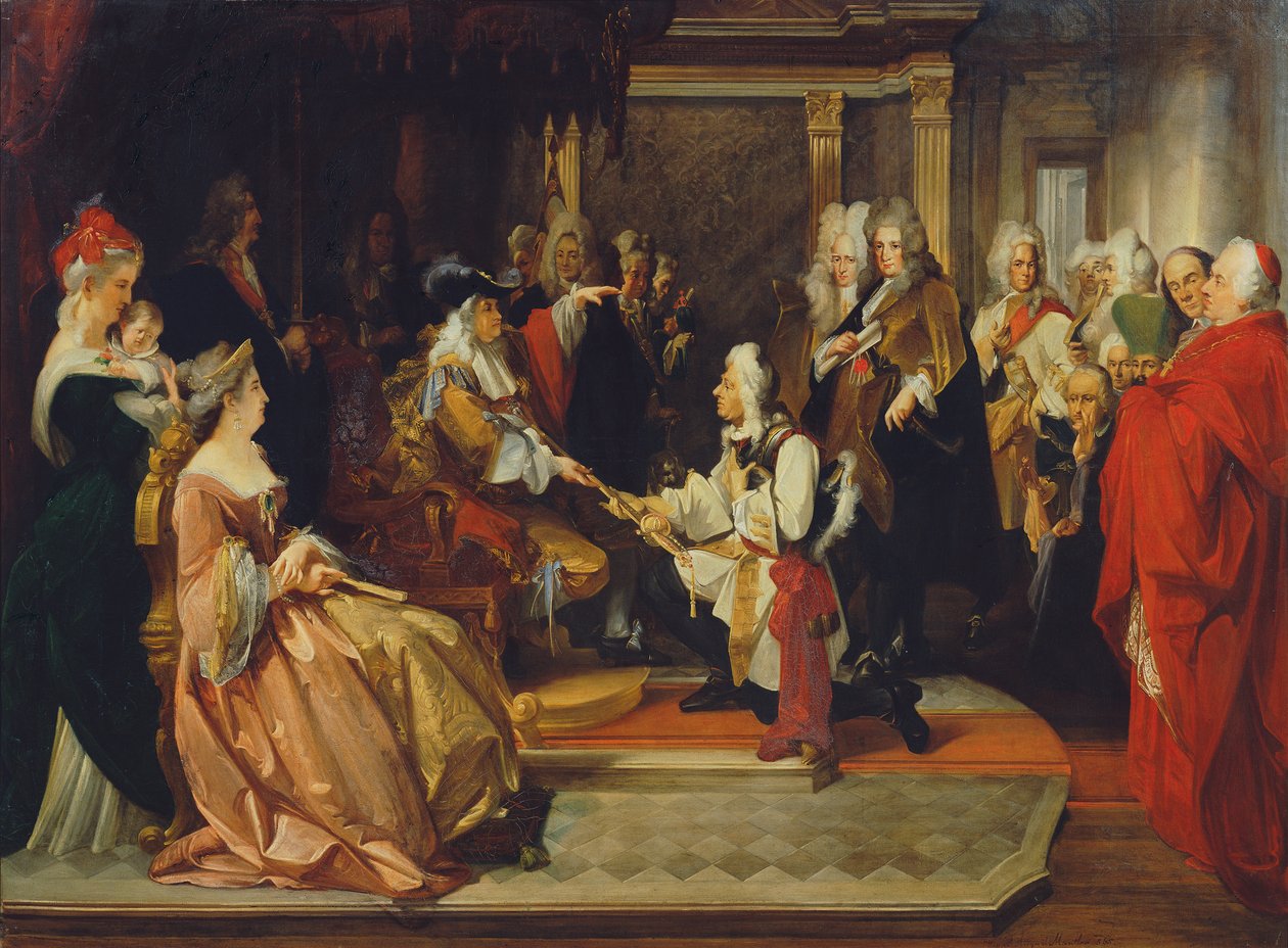 Keiser Charles VI overleverer æressverdet til prins Eugene etter slaget ved Beograd, 1865 av August Wenzel Mantler