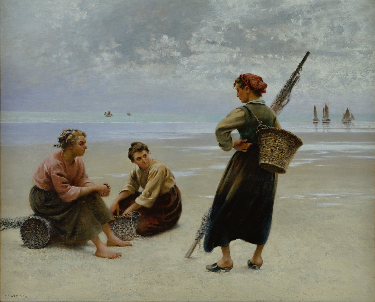 Mussel Gatherers, Bretagne (olje på lerret) av August Wilhelm Nikolaus Hagborg