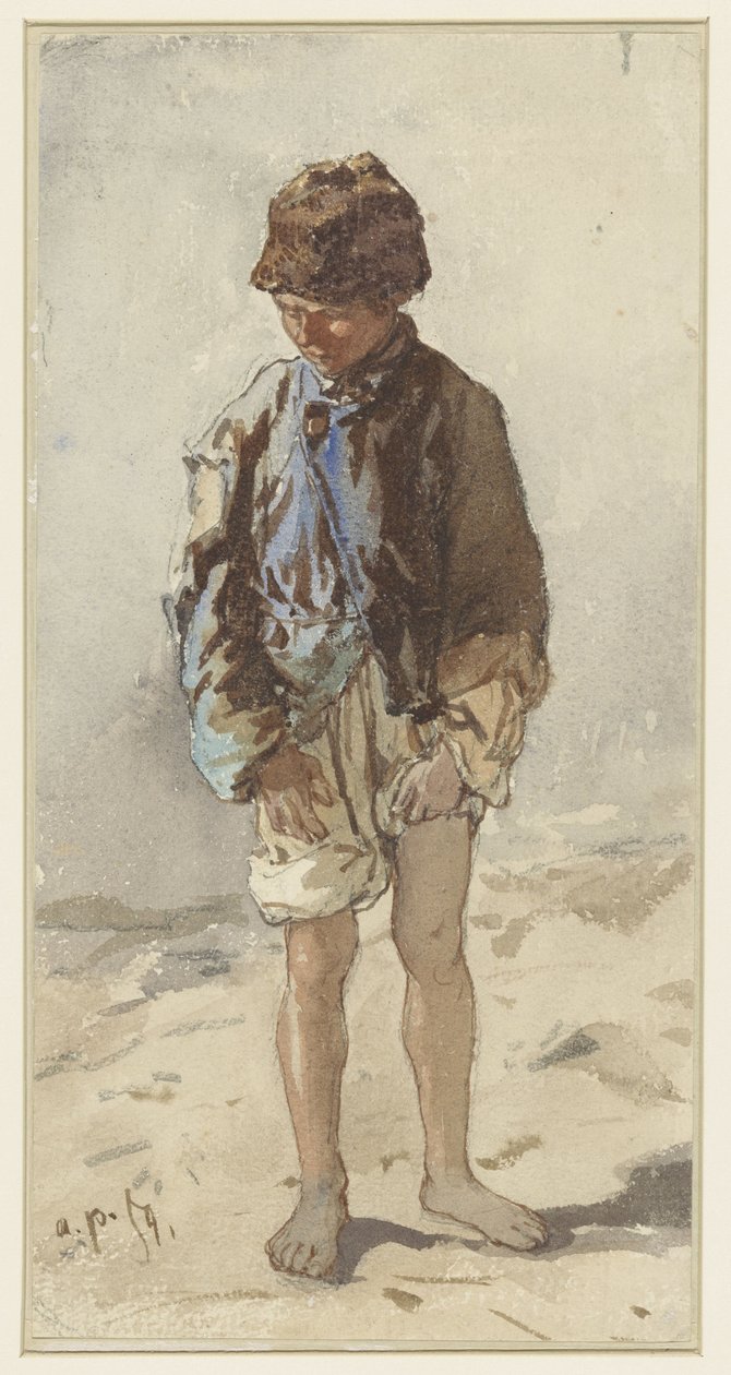 Ungarsk gutt, stående og ansikt, barbeint og iført pelshatt av August Xaver Carl von Pettenkofen