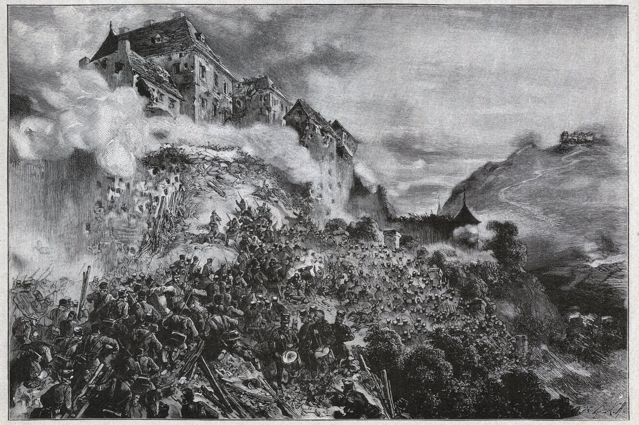 Den ungarske revolusjonen 1848-1849: Ungarske opprørere stormer Buda (ovns)-slottet 21. mai 1849 - etter litografi av August von Pettenkofer av August Xaver Karl von Pettenkofen