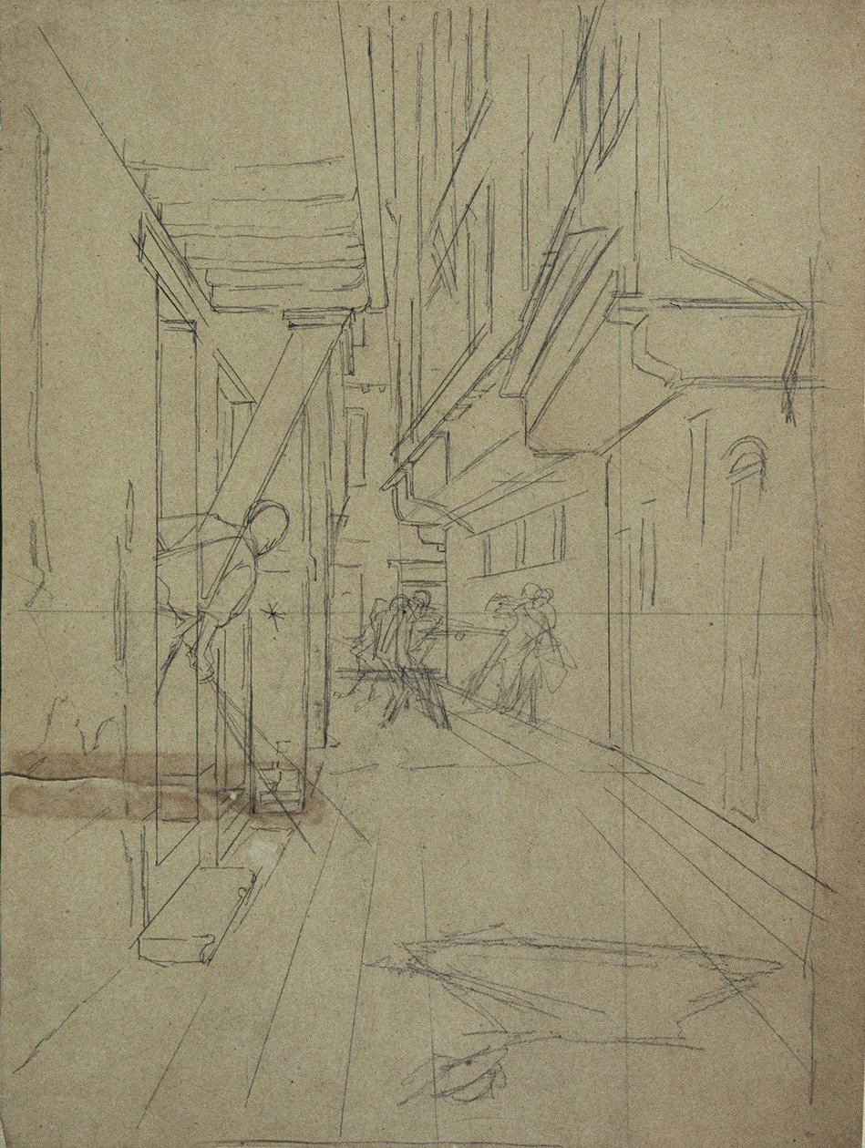 Perspektivskisse for "Street Fight in a Venetian Alley" av August von Pettenkofen