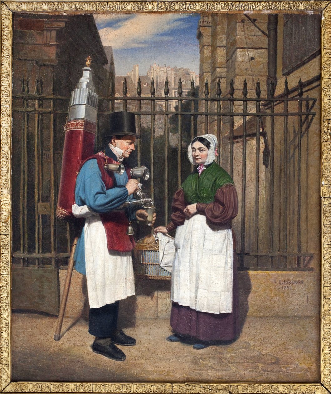 Kokosnøtthandleren (forfriskende drink smaksatt med lakris) og dens pittoreske fontene var blant de kjente figurene i den parisiske gaten på 1800- og begynnelsen av 1900-tallet. Maleri av Augusta Le Baron Desves (1804-?), olje på lerret av Augusta Le Baron Desves