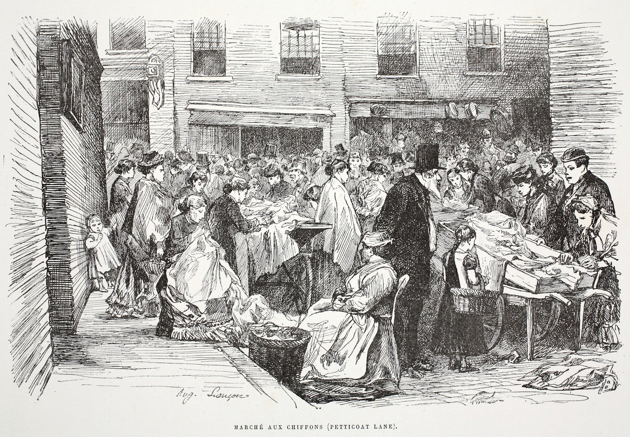 Marche aux Chiffons (Petticoat Lane), illustrasjon fra 'La Rue a Londres', pub. av G. Charpentier et Cie, 1884 av Auguste Andre Lancon