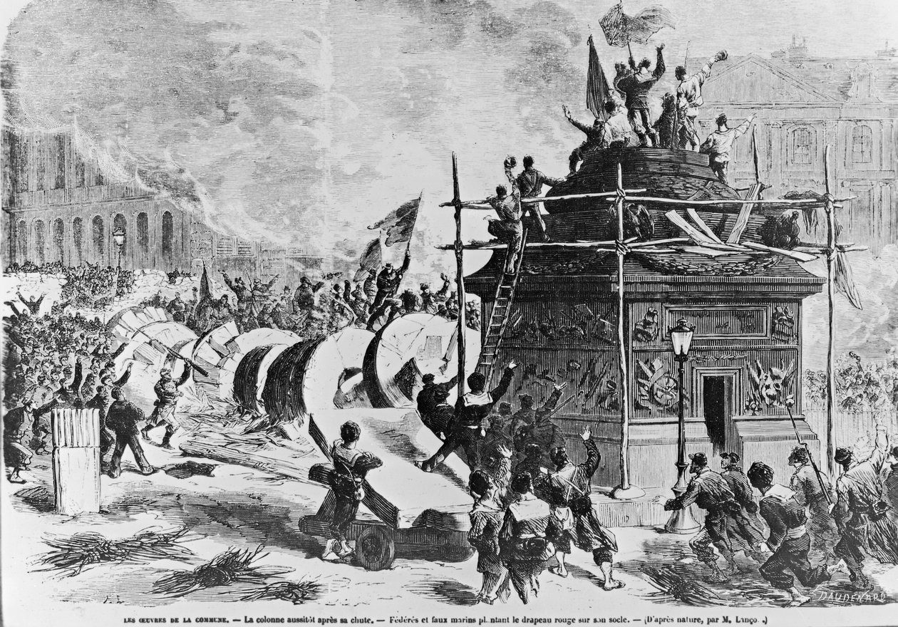 Vendome-søylen like etter fallet, Federes og falske sjømenn satte det røde flagget i sokkelen, 16. mai 1871 av Auguste Andre Lancon