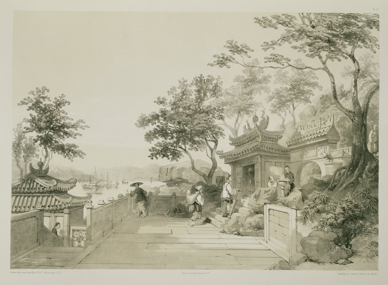 Et kapell av det store tempelet i Macao, plate 10 fra 'Sketches of China', gravert av Eugene Ciceri (1813-90) 1842 (tonet litho) av Auguste Borget