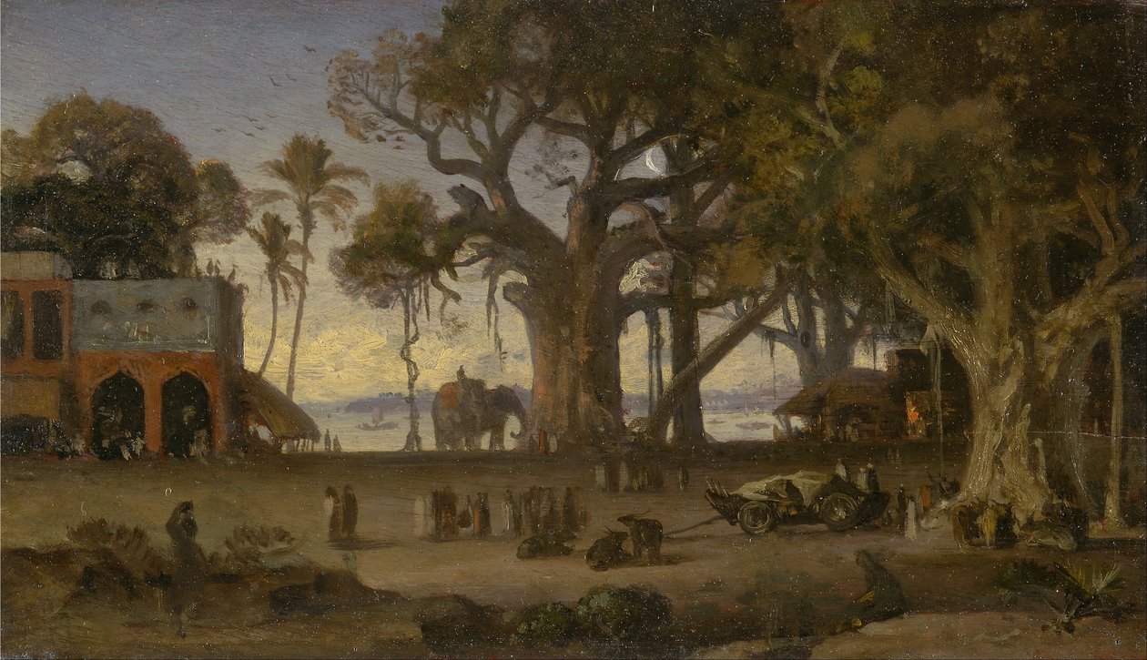Månebelyst scene av indiske figurer og elefanter blant Banyan Trees, Øvre India (sannsynligvis Lucknow) av Auguste Borget