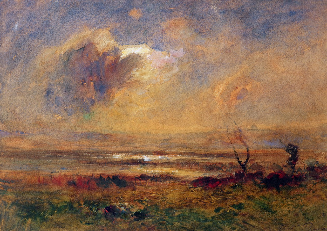 Solnedgang på sletten, ca. 1868 (wc und gouache på papir) av Auguste Francois Ravier