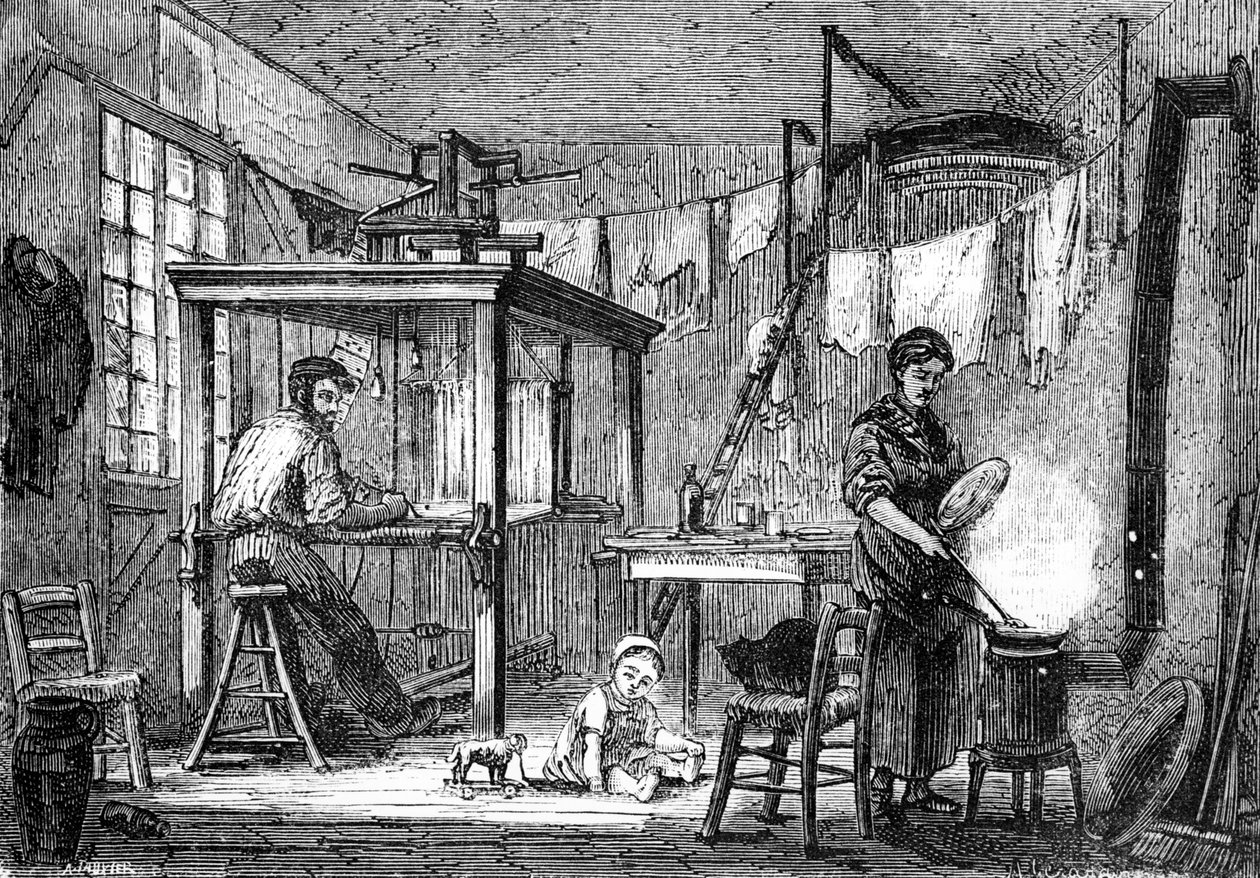 En vever fra Lyonnais og hans familie, ca. 1880 (litografi) av Auguste Gerardin