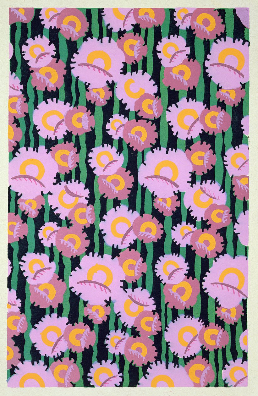 Blomsterdesignmotiv fra 'Formes et couleurs: tjue fargeplater som inneholder sekstisju dekorative motiver' utgitt av A. Levy, Librarie Centrale de Beaux-Arts, Paris, 1921 (pochoir-trykk) av Auguste H. Thomas