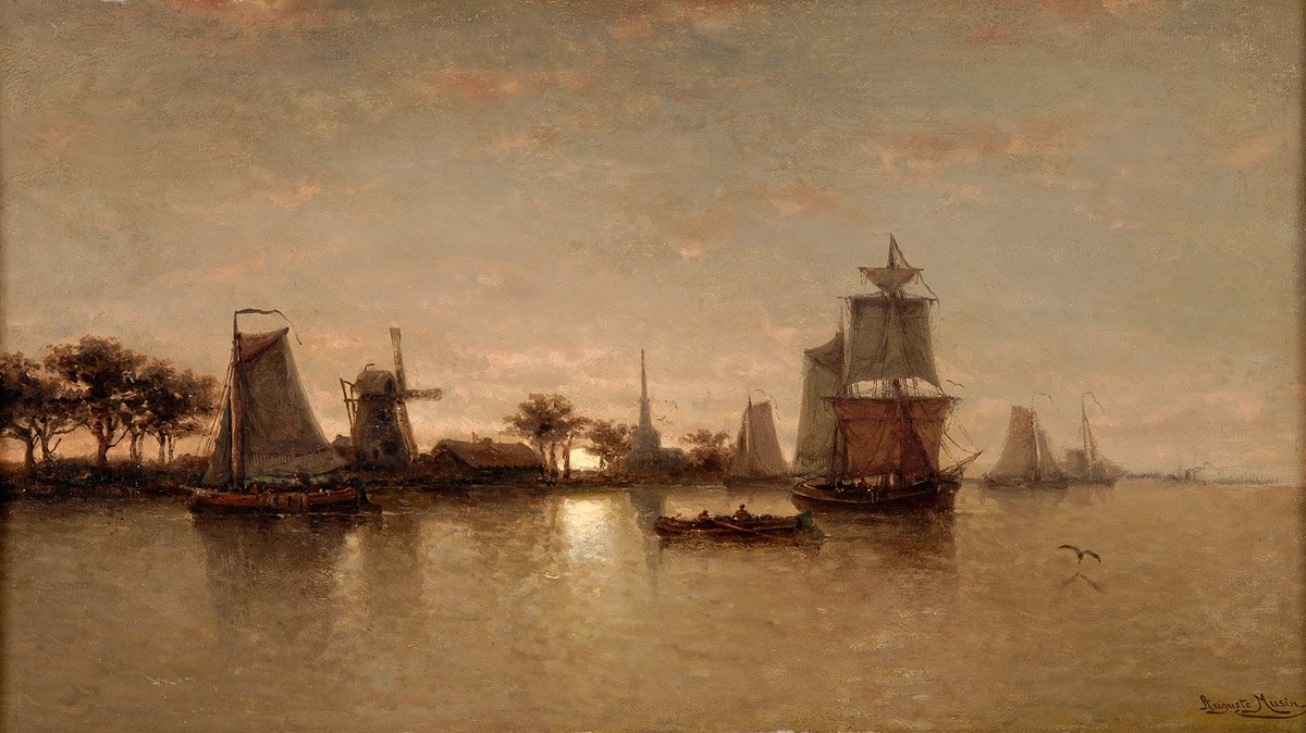 Flulandschaft bei Mondscheinn nederlandsk: elvelandskap ved måneskinn n av Auguste Musin