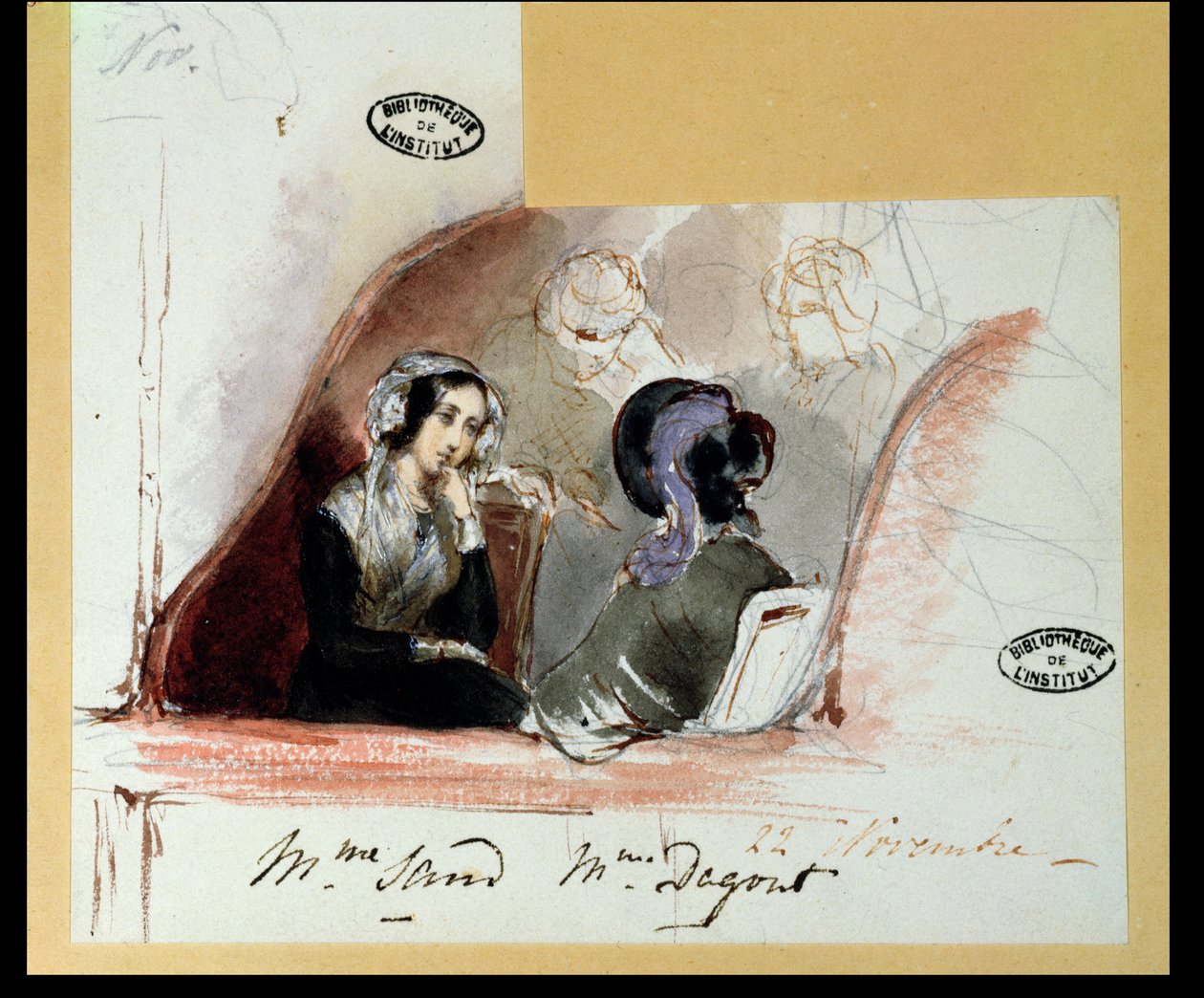 George Sand (1804-76) og Marie de Flavigny (1805-76) grevinne av Agoult, ved Comedie Francaise, 1834 av Auguste Odier