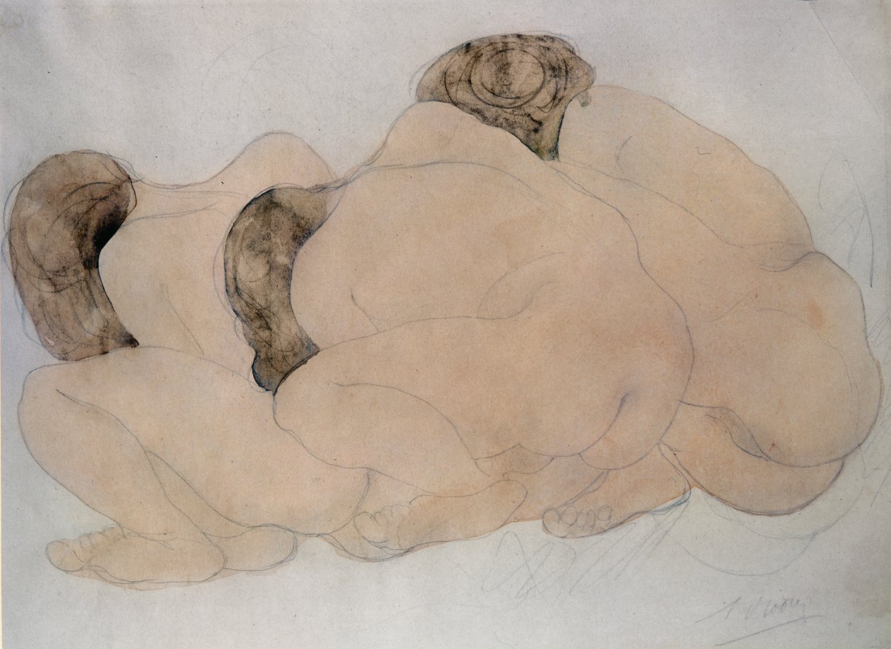 Tre steinblokker (blyant og wc på papir) av Auguste Rodin