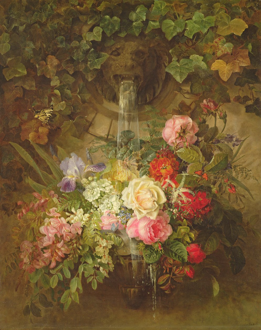 Blomster under en løvefontene, av Auguste Wilhelmine Reichelt