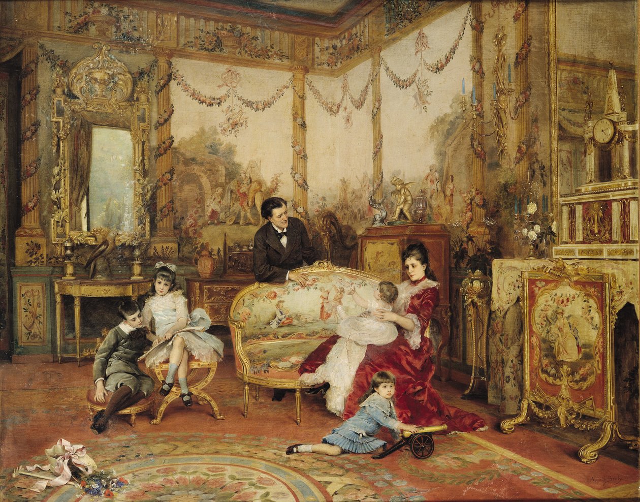 Victorien Sardou (1831-1908) og hans familie i salongen deres i Marly-le-Roi, ca. 1875 av Auguste de la Brely