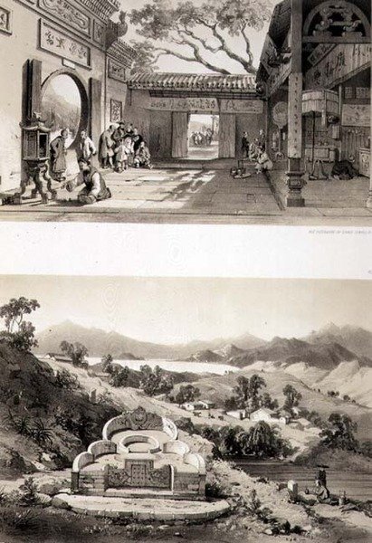 Innvendig utsikt over det store tempelet i Macao og en grav og landsby mellom buktene i Hong Kong og Cowloon, plate 8 og 7 fra 