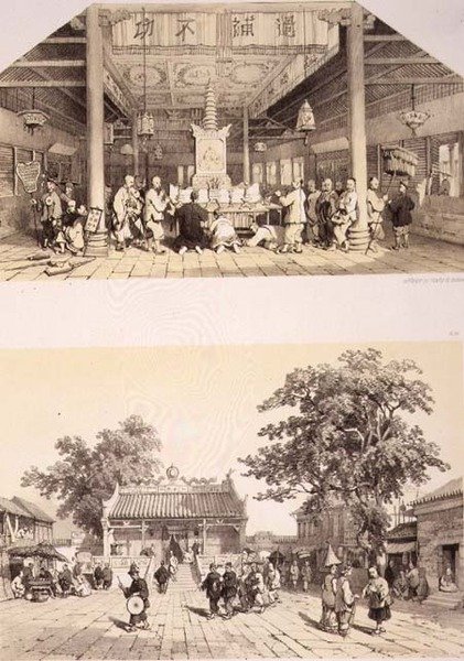 Interiør av Buddha-tempelet og en liten plass i forstedene til Canton, plate 25 og 26 fra 