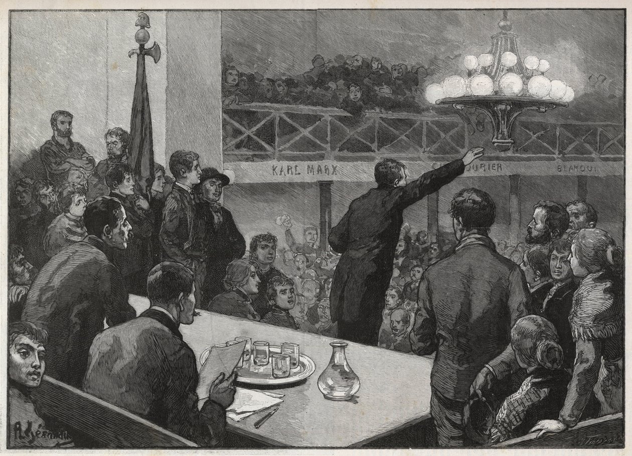 Møte for streiken ved Vooruit i 1885 - gravering i 1885 "Le monde illustrious" - tegning av Gerardin av Auguste (after) Gerardin