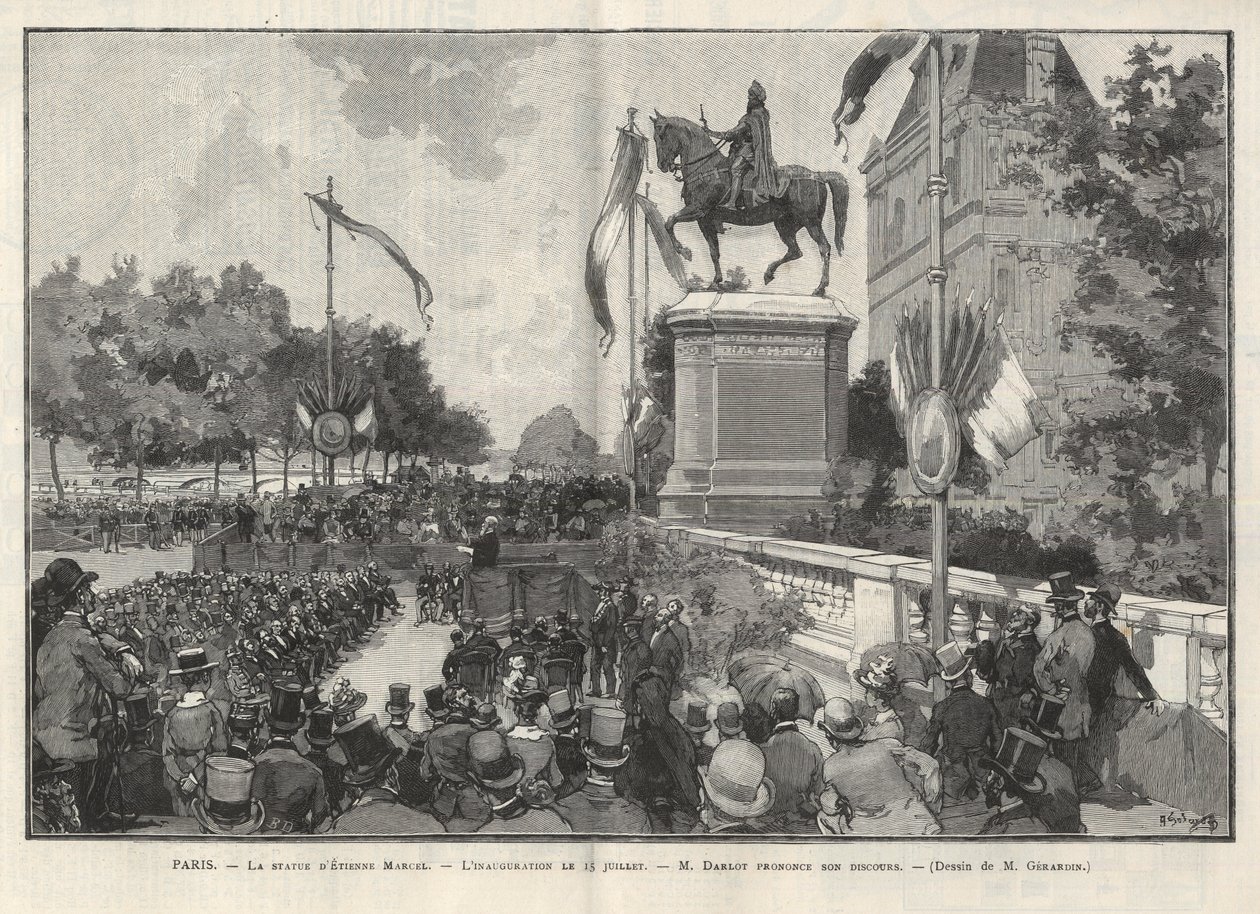 Paris - - Tale av Mr. Darlot under innvielsen 15. juli 1888 på Hotel de Ville de Paris av statuen av Etienne Marcel - Tegning av Gerardin i "The Illustrous World" fra 1888 av Auguste (after) Gerardin