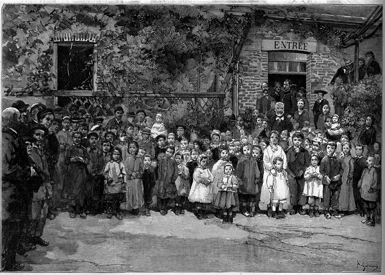 Victor Hugo (1802-1885) with the poor children of Veules en Caux (Veules-en-Caux) to whom he offered a banquet on 24 September 1882. Engraving by Gerardin in in “” Le Monde Illustré”” n°1333 of 14 October 1882. av Auguste (after) Gerardin