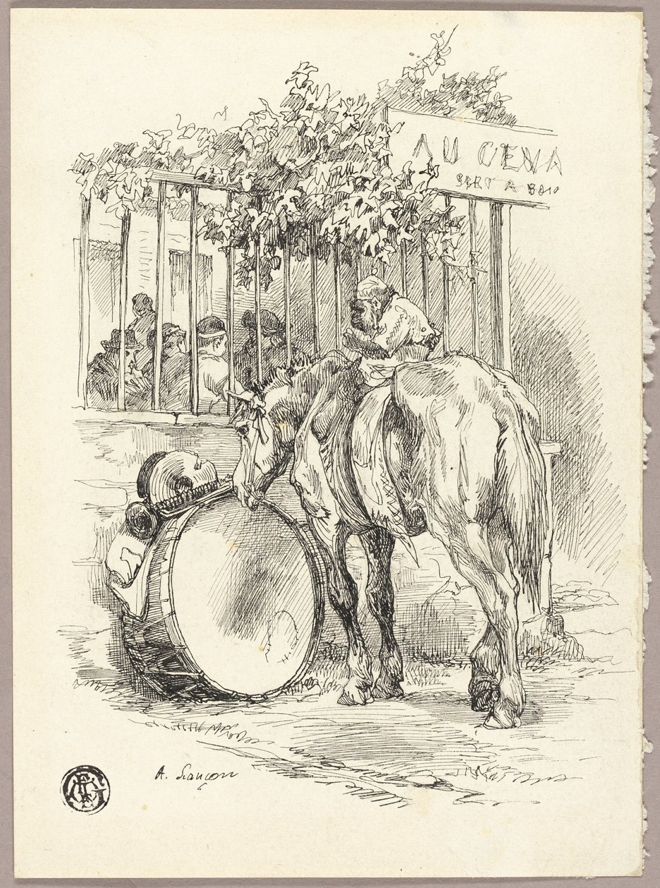 Hest med ape på ryggen av Auguste Andre Lancon
