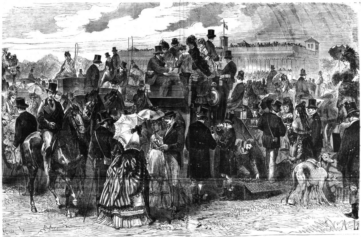 Longchamps-løpene: Le Grand Prix de Paris, -i “” Le Figaro””, illustrert bilag fra søndag 6. juni 1875, tegning av Lançon. av Auguste Andre Lancon
