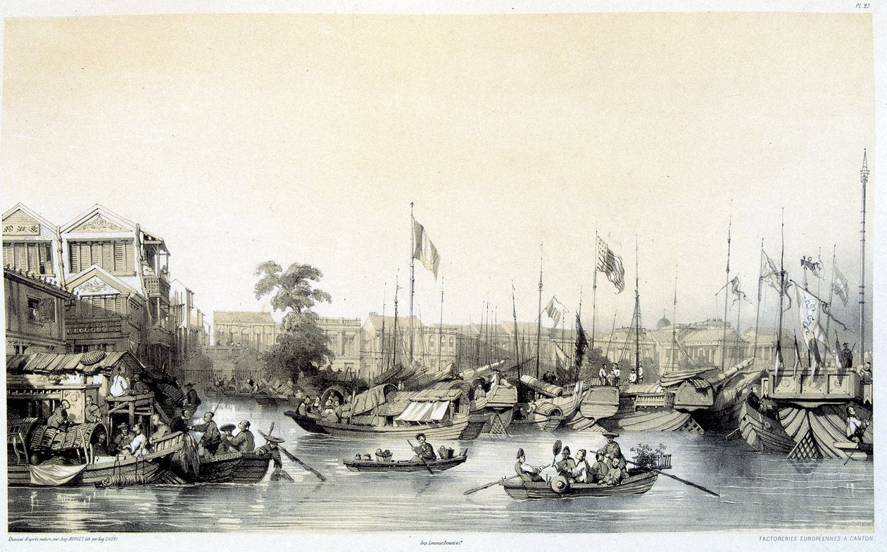 Europeiske fabrikker i Kanton - i "Kina og kineserne", tegninger av Auguste Borget og litografier av Eugène Cicéri av Auguste Borget