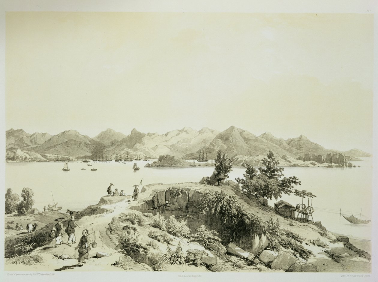 The Bay and Island of Hong Kong, plate 4 fra 'Sketches of China', gravert av Eugene Ciceri (1813-90) 1842 (tonet litho) av Auguste Borget