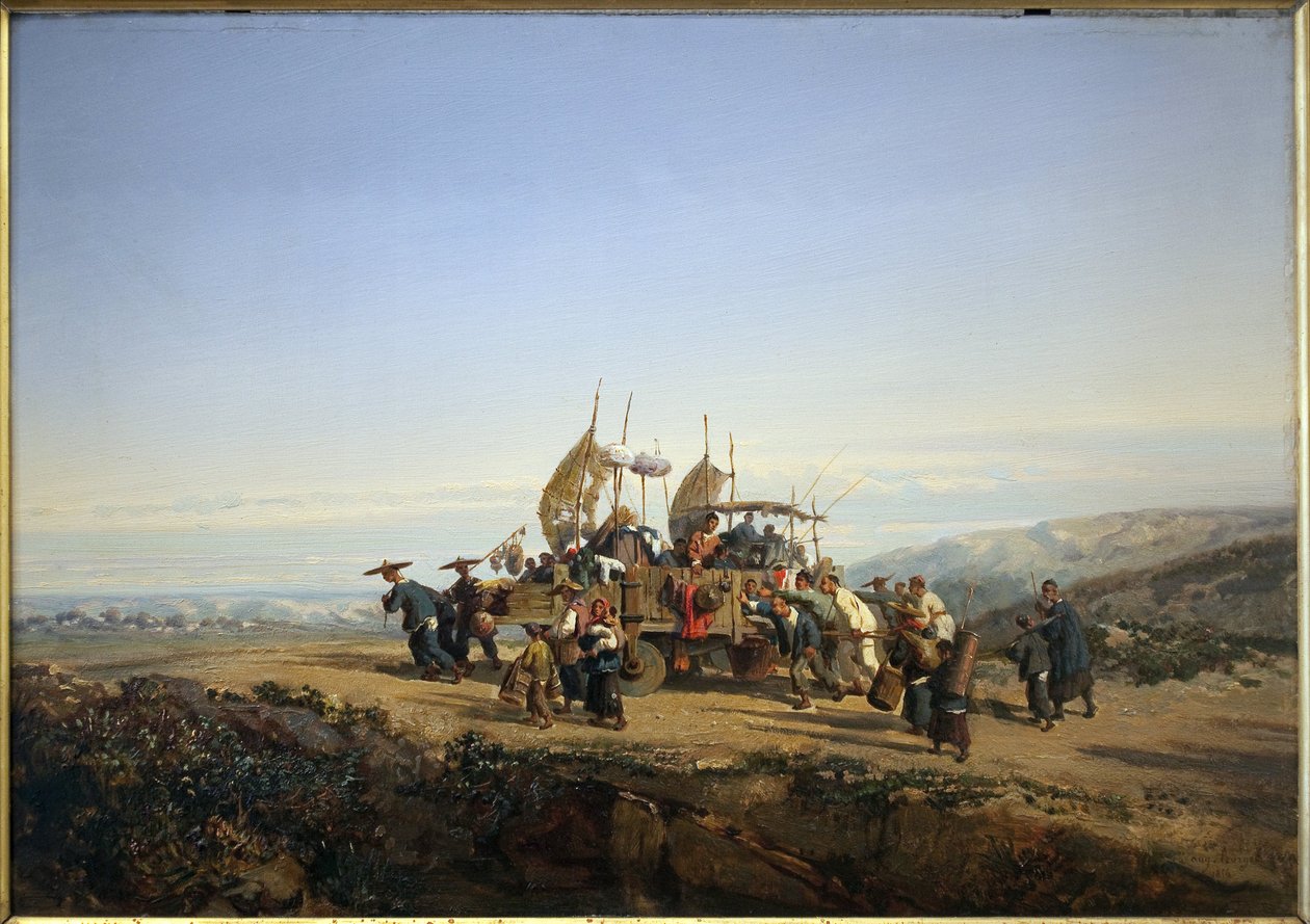 Reisende bruker en vogn med seil og skyter av menn. Maleri av Auguste Borget av Auguste Borget
