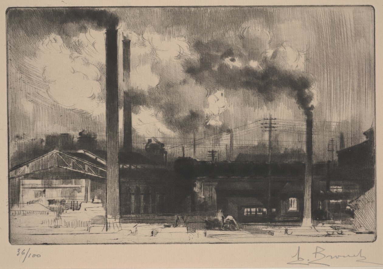 På Creusot Works - Steel Mills (rulett og tørrpunkt) av Auguste Brouet