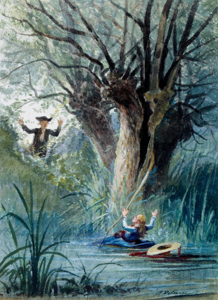 Illustrasjon av fabelen "Barnet og skolens lærer" av Jean de La Fontaine. Akvarell av Auguste Delierre (1829-c.1890) av Auguste Delierre