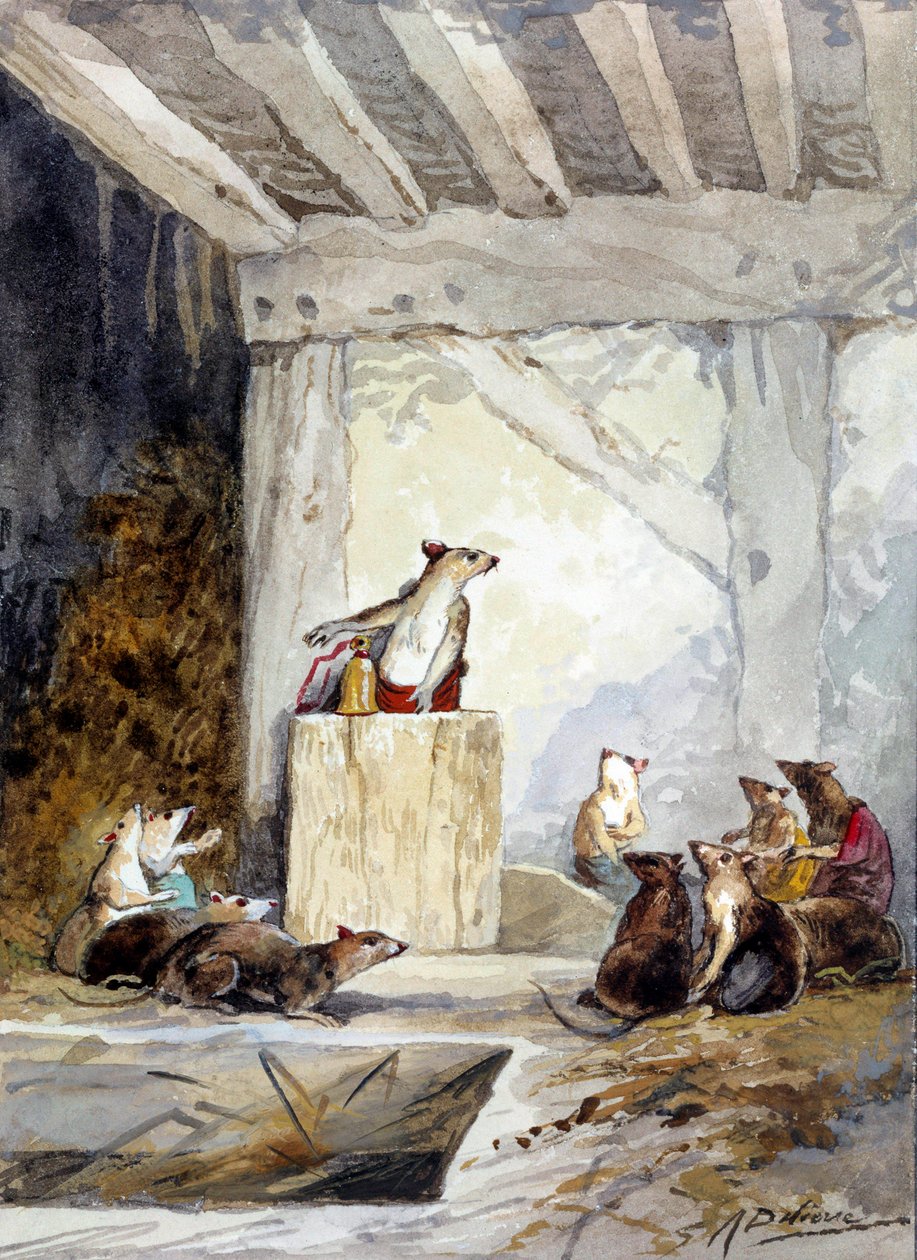 Illustration of the fable “The council held by the rats” by Jean de La Fontaine. Watercolour by Auguste Delierre (1829-c.1890)   1403830   no       norwegian Successfully Translated  Original: Emperor Minghuang Teaching Yang Gueifei to Play the Flute, late av Auguste Delierre