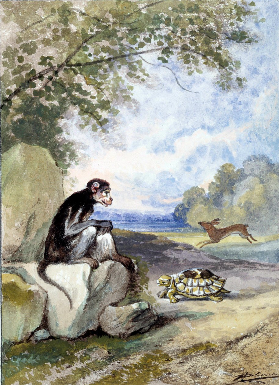 Illustrasjon av fabelen "Haren og skilpadden"" av Jean de La Fontaine. Akvarell av Auguste Delierre (1829-c.1890) av Auguste Delierre