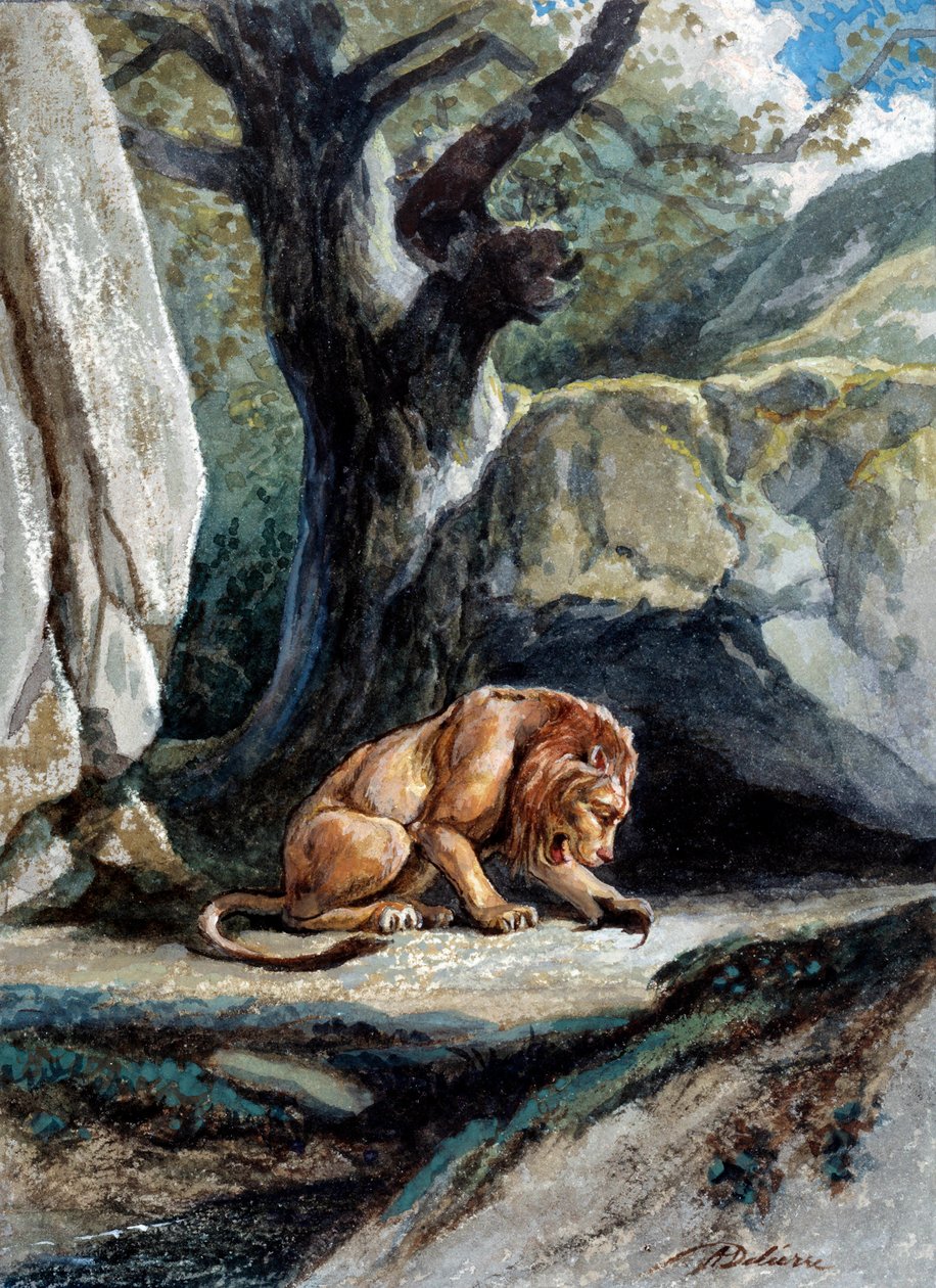 Illustrasjon av fabelen "Løven og rotten"" av Jean de La Fontaine. Akvarell av Auguste Delierre (1829-c.1890) av Auguste Delierre