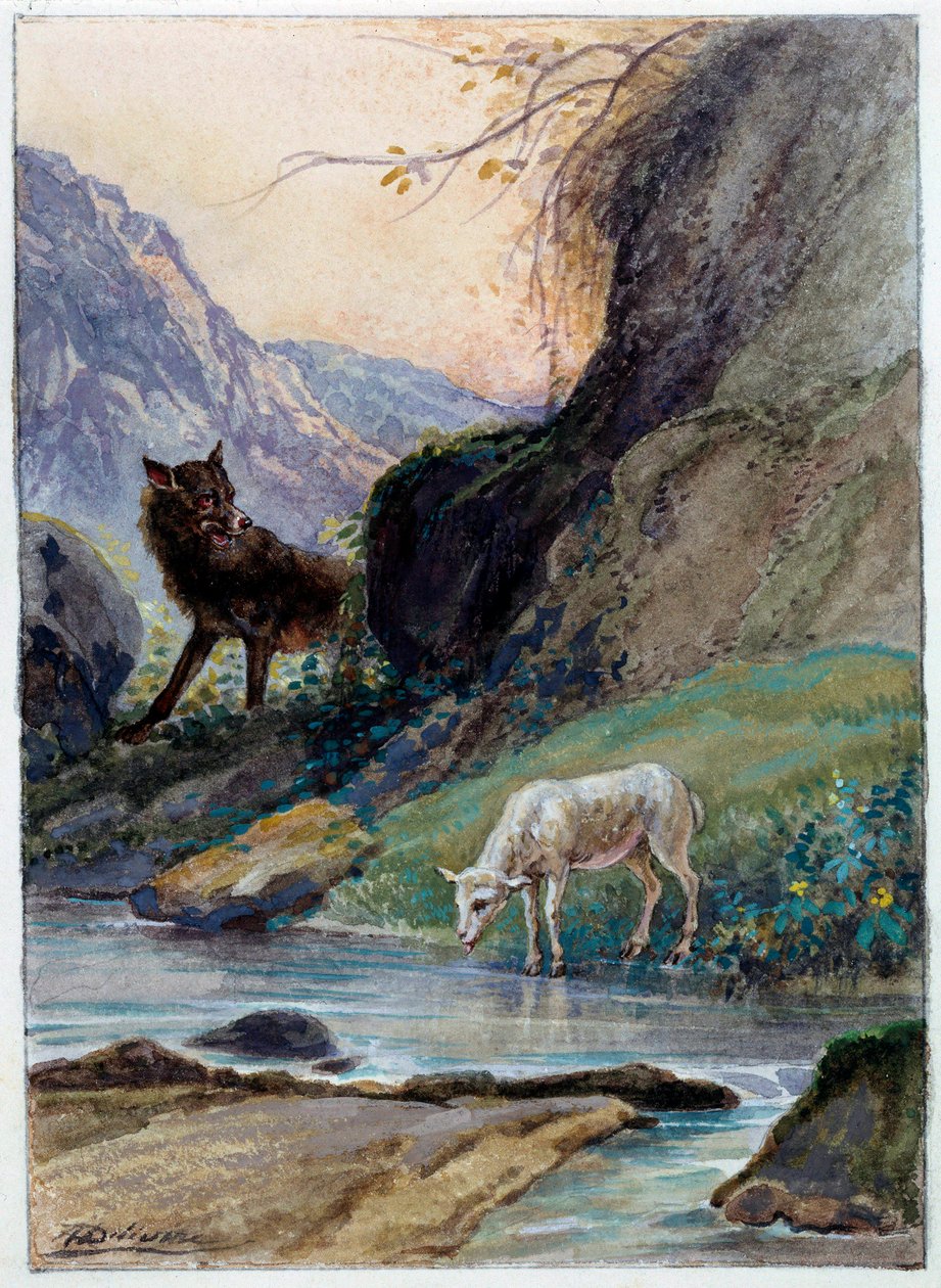 Illustrasjon av fabelen "Ulven og lammet" av Jean de La Fontaine. Akvarell av Auguste Delierre (1829-c.1890) av Auguste Delierre