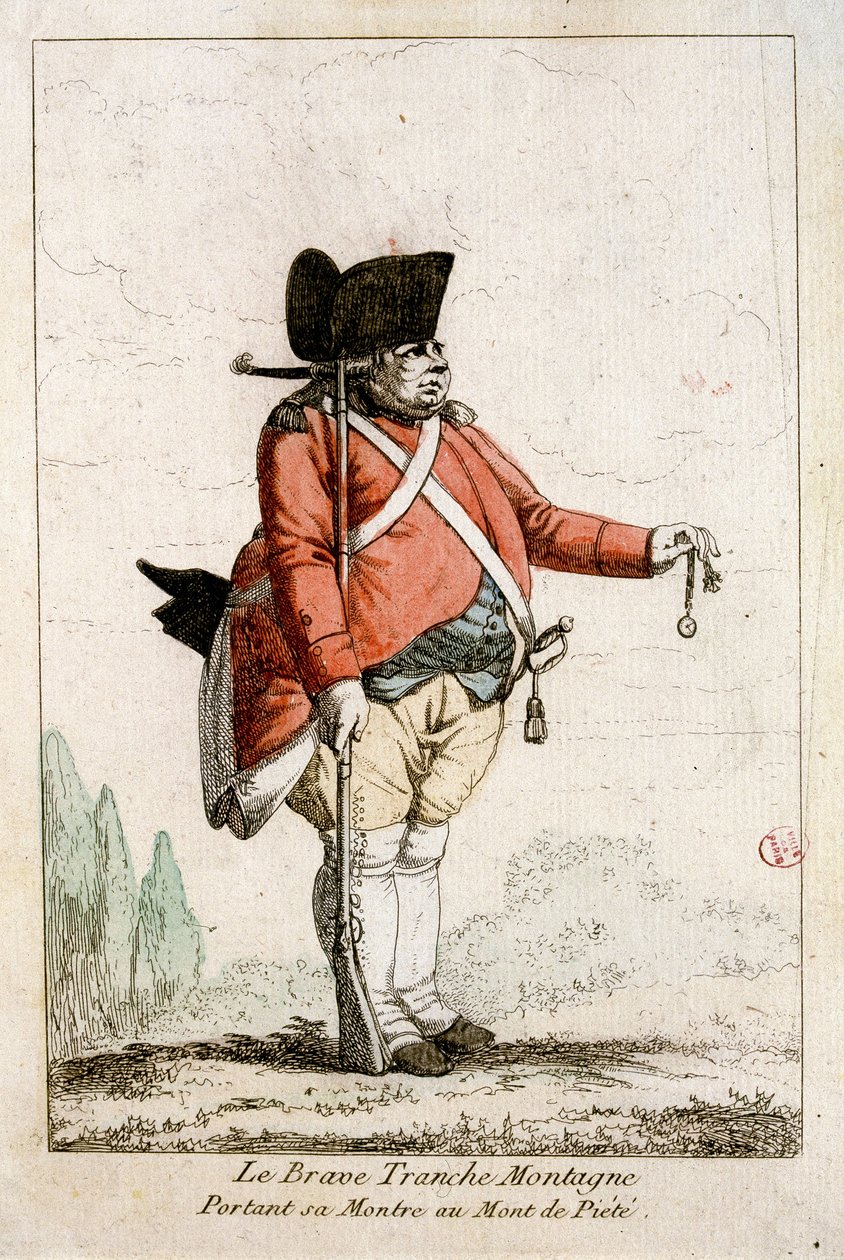 Den modige Slice Mountain med klokken på Piety Mountain. I "" Kostymer fra revolusjonens tid 1790-1793". Det fargerike vannet til Mr. Guillaumot Jr. av Auguste Etienne fils Guillaumot