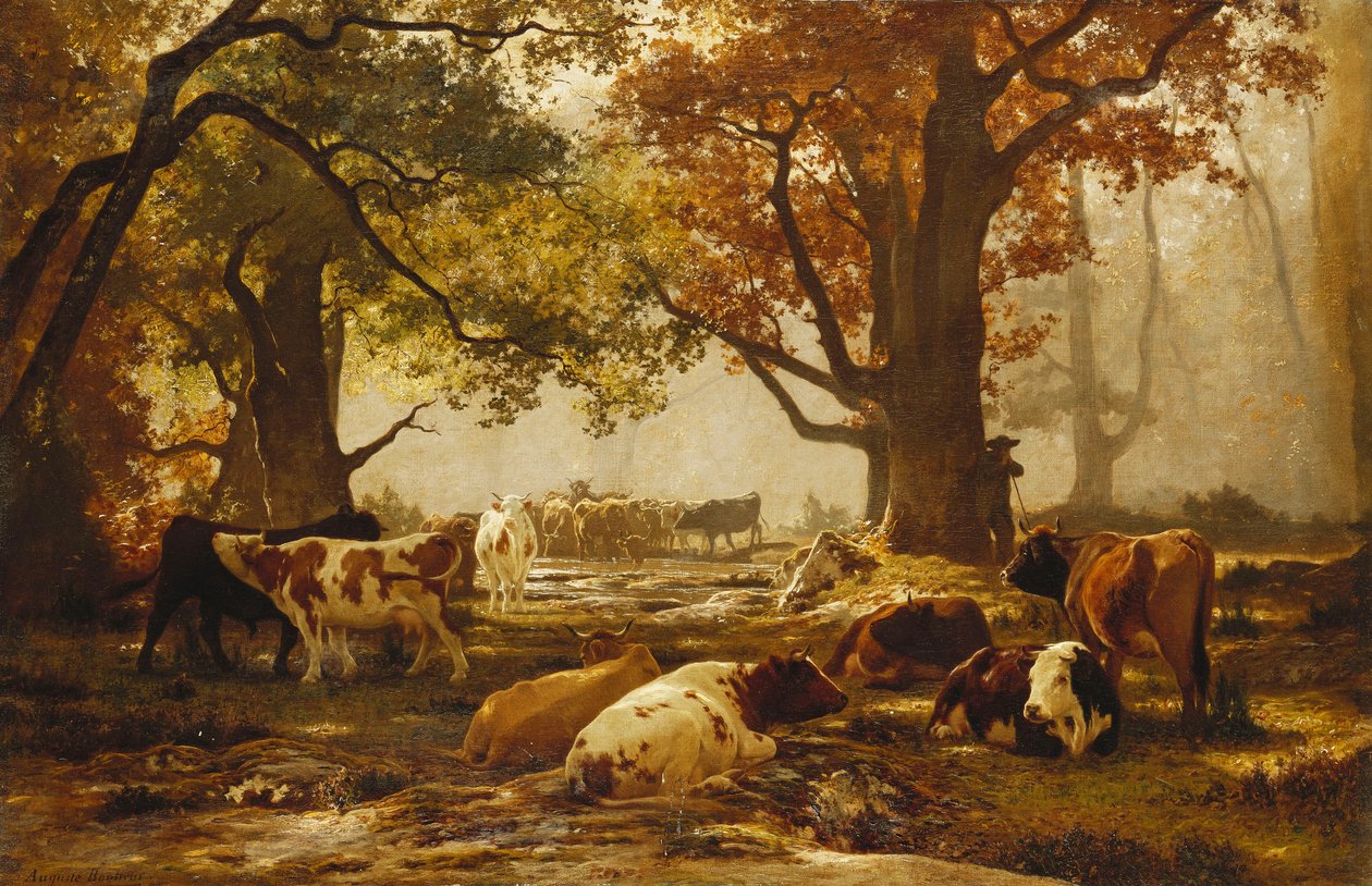 Storfe i et skogkledd elvelandskap, av Auguste Francois Bonheur