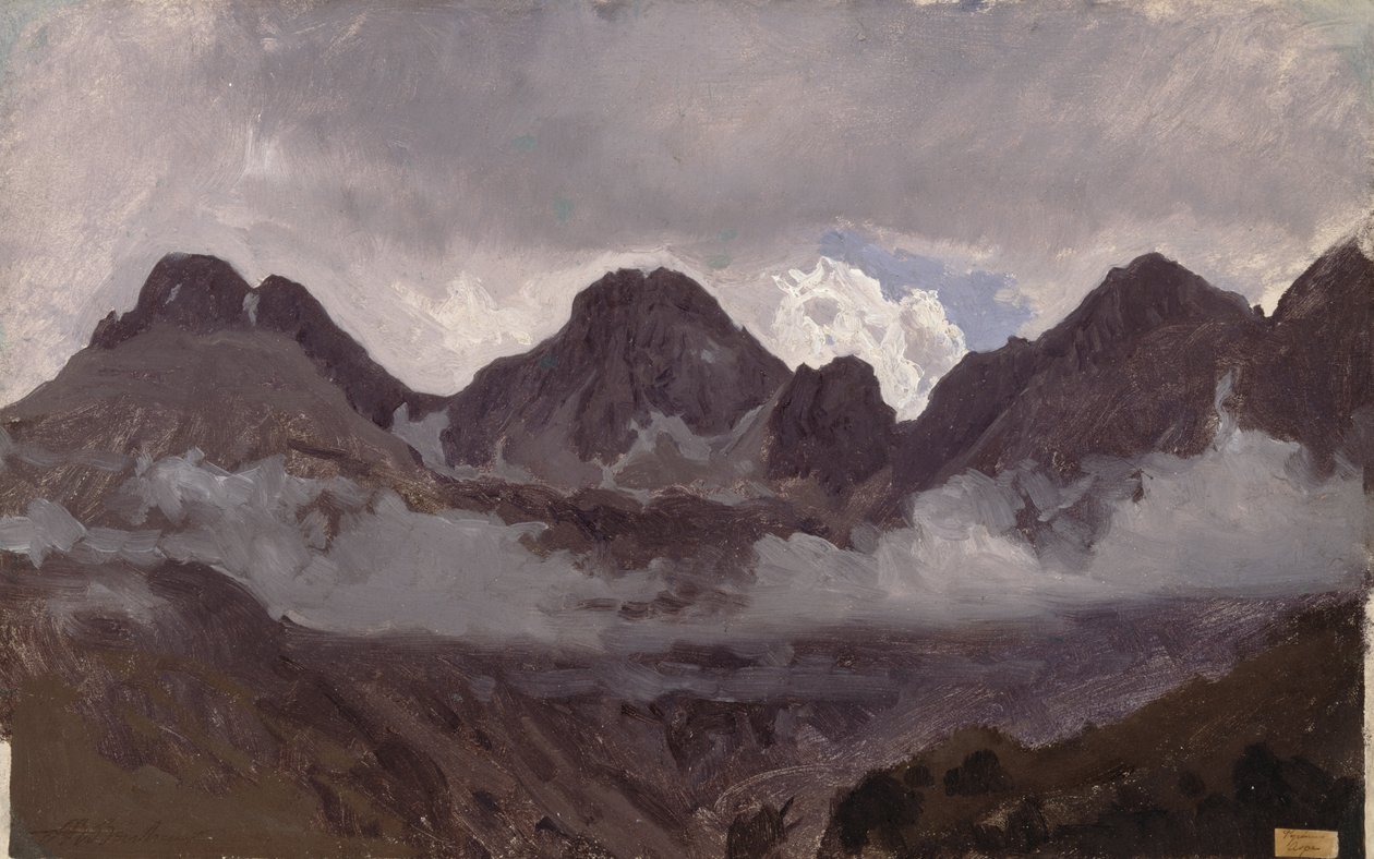 Fjell med tåke, midten av 1850-tallet (olje på papir montert på lerret) av Auguste Francois Bonheur