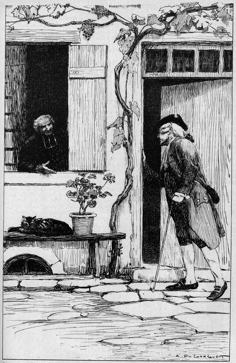 Sogn til landsbyen Ermenonville inviterer filosofen Jean Jacques Rousseau (1712-1778) til å gå inn i hans prestegård. Oise (60). Illustrasjon av Auguste Francois Gorguet (1862-1927) av Auguste Francois Gorguet
