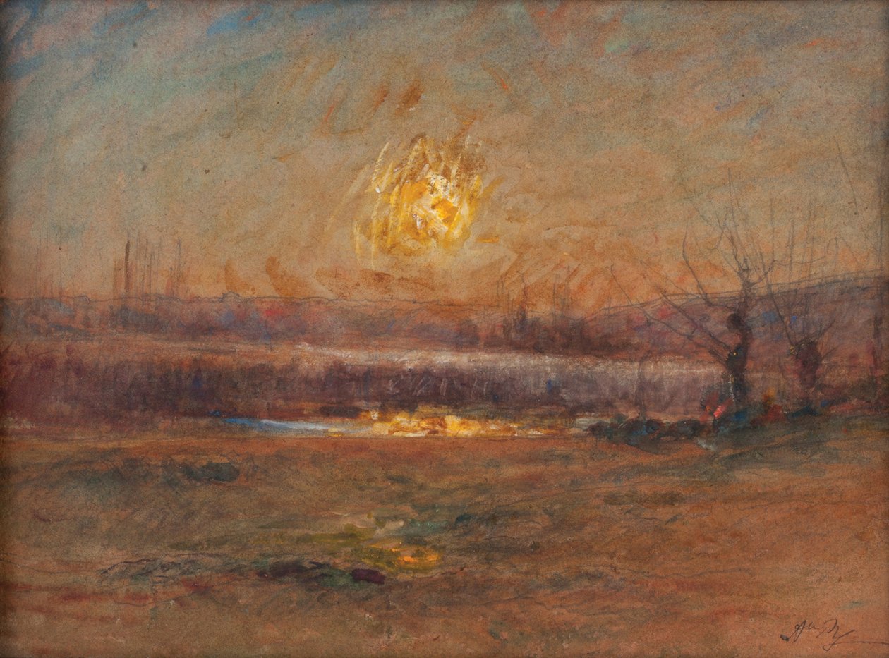 Solnedgang på dammen på landsbygda av Auguste Francois Ravier