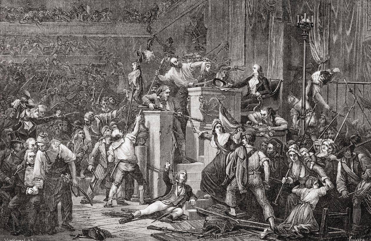 Ferauds hode ved tribunalet, 20. mai 1795, år III, gravert av Jonnard fra #39;Histoire de la Revolution Francaise#39; av Louis Blanc (1811–82) (gravering) av Auguste Jean-Baptiste (after) Vinchon