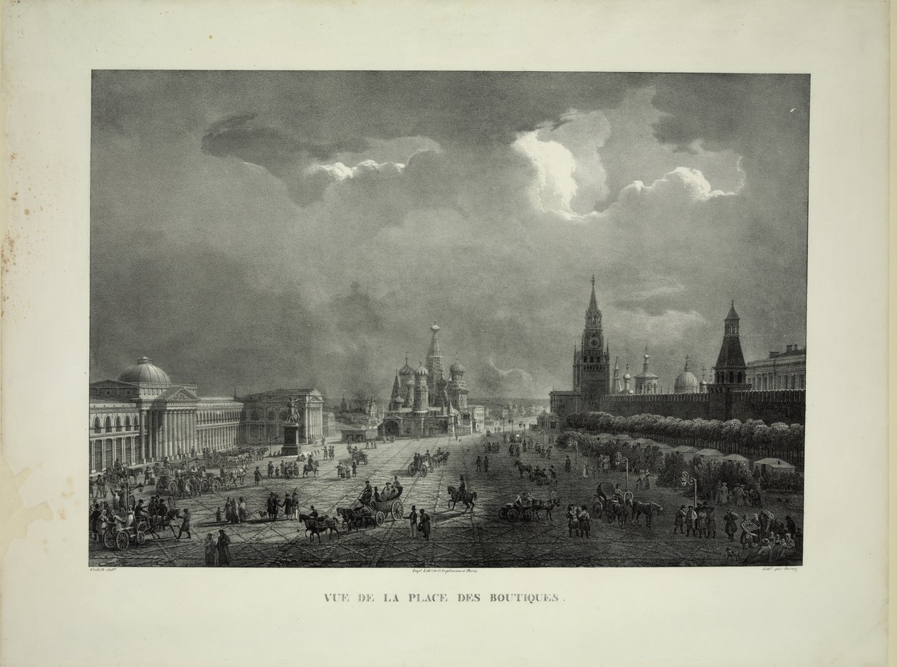 Øvre handelsrader på Den røde plass i Moskva, ca. 1830 av Auguste Jean Baptiste Antoine Cadolle