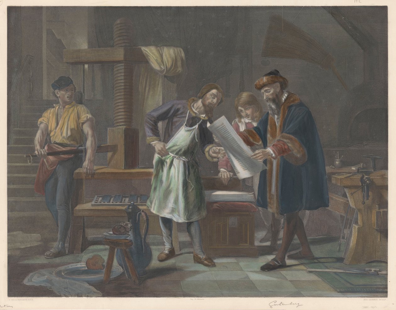 Interiør i Johannes Gutenbergs trykkeri av Auguste Ledoux