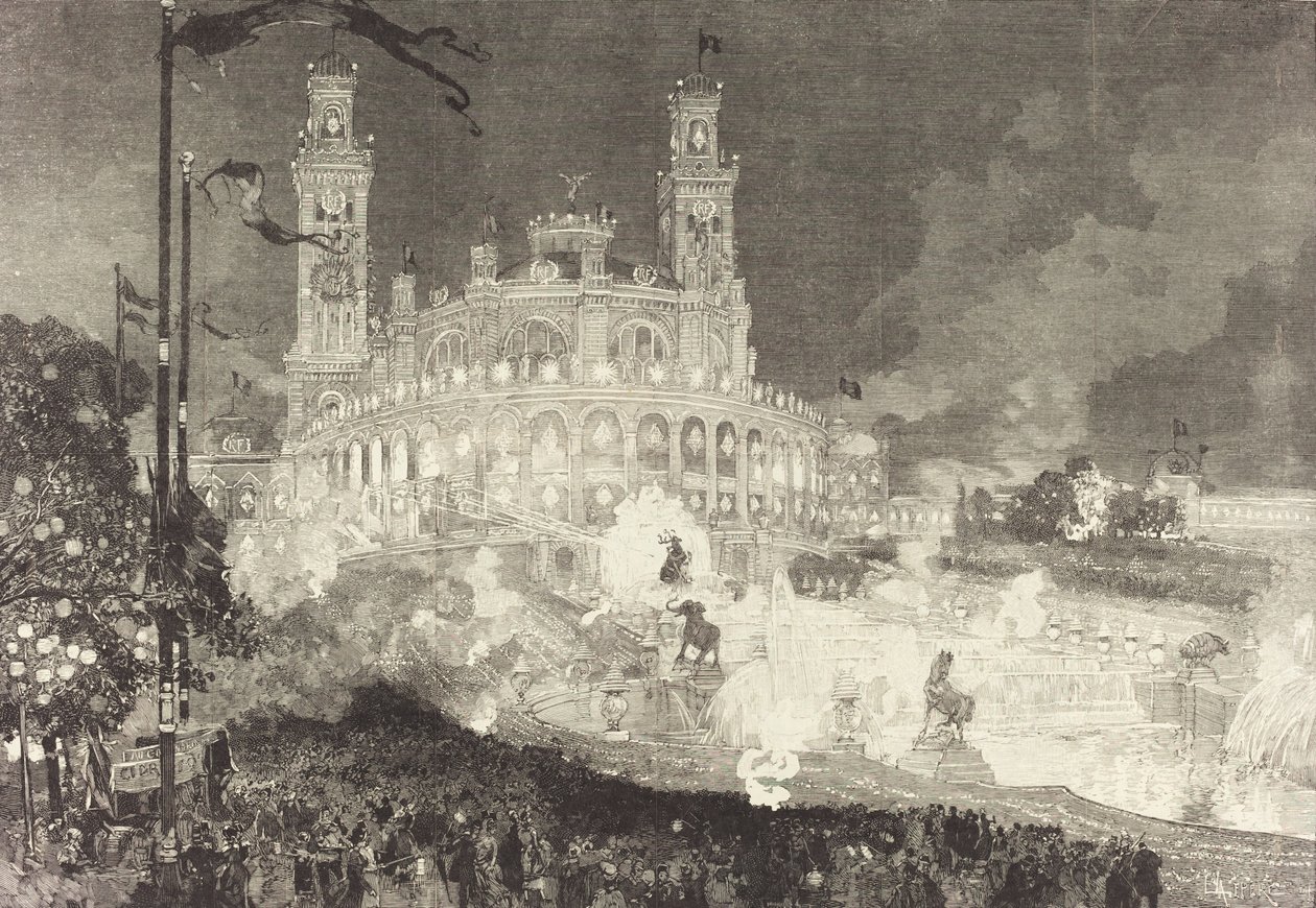 14. juli. Belysning av Palais du Trocadéro, 1883. av Auguste Lepere