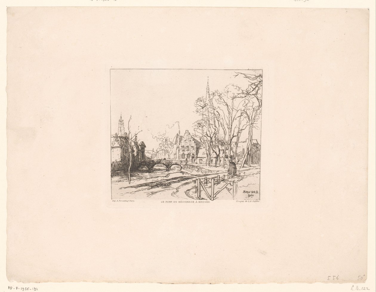Utsikt over broen ved Beguinage i Brugge Le pont du Beguinage à Bruges (tittel på objekt) av Auguste Lepere