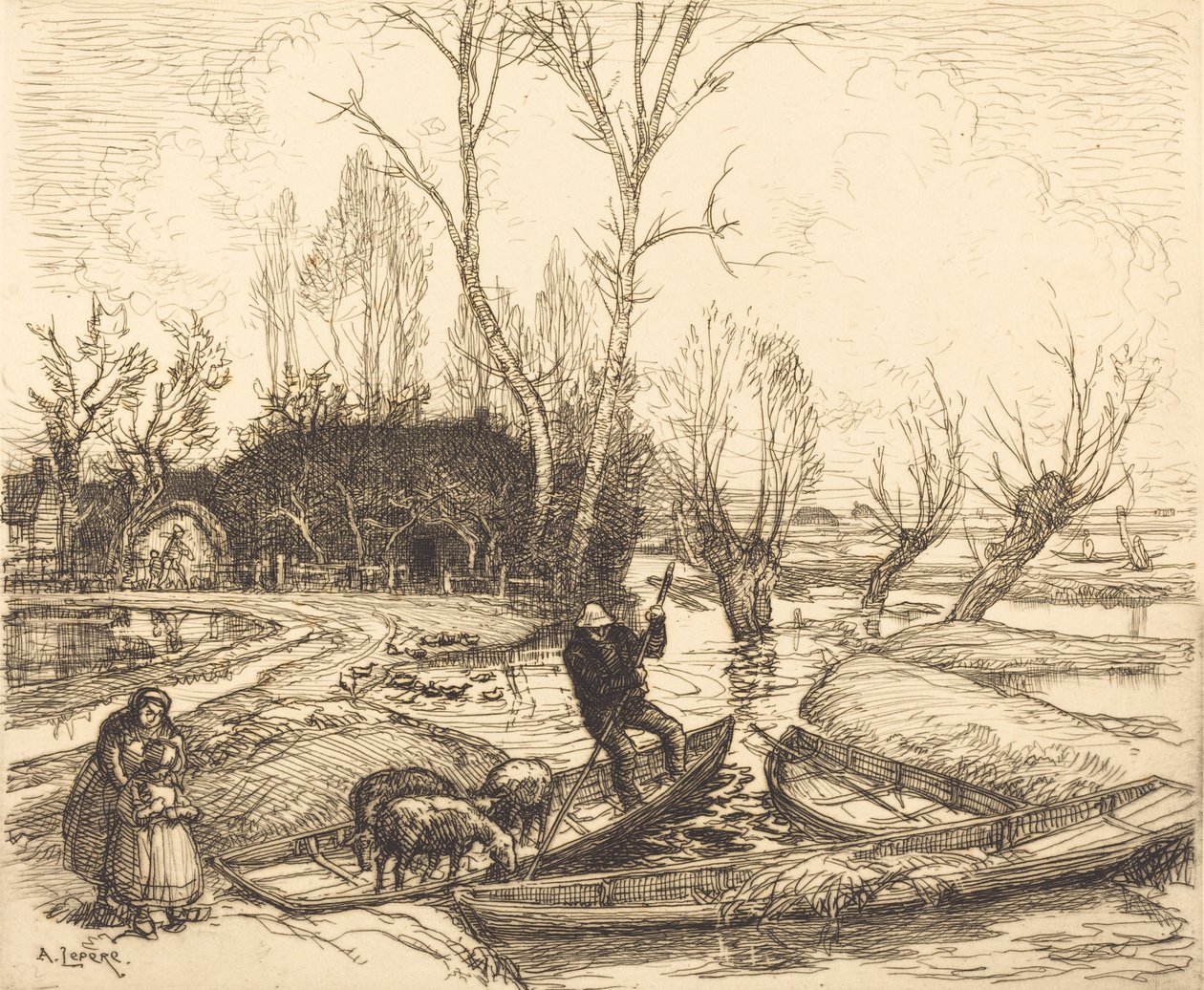 In the Deluged Marsh - Shepherd Au marais inonde - Le berger, 1911. av Auguste Lepere