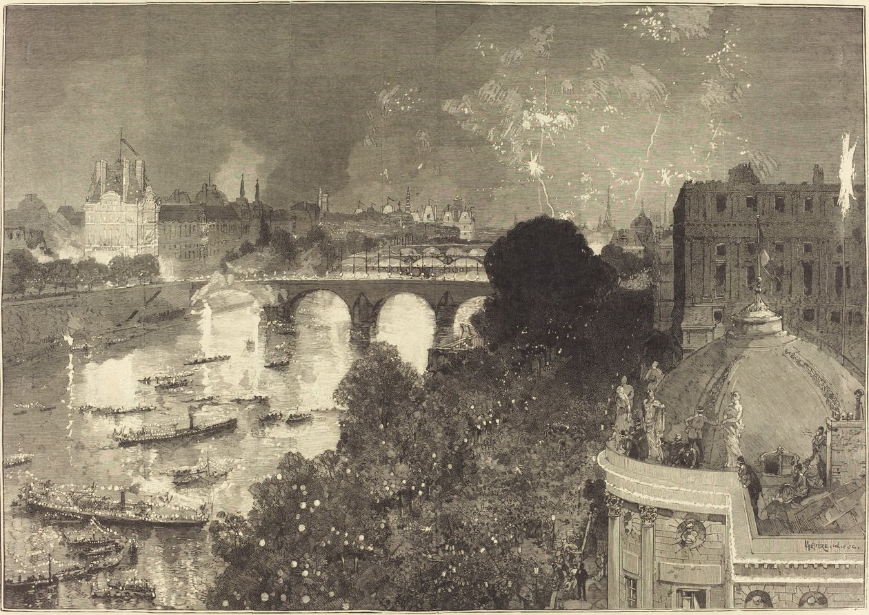 Den 14. juli. Belysning av Seinen fra Pont Neuf til Pont au Change av Auguste Lepere