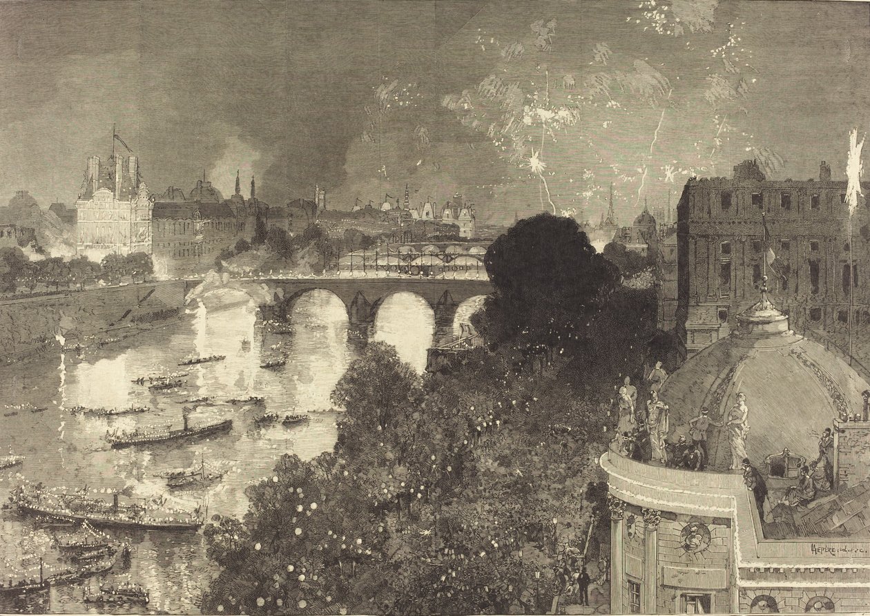 Den 14. juli. Belysning av Seinen fra Pont Neuf til Pont au Change, 1882. av Auguste Lepere