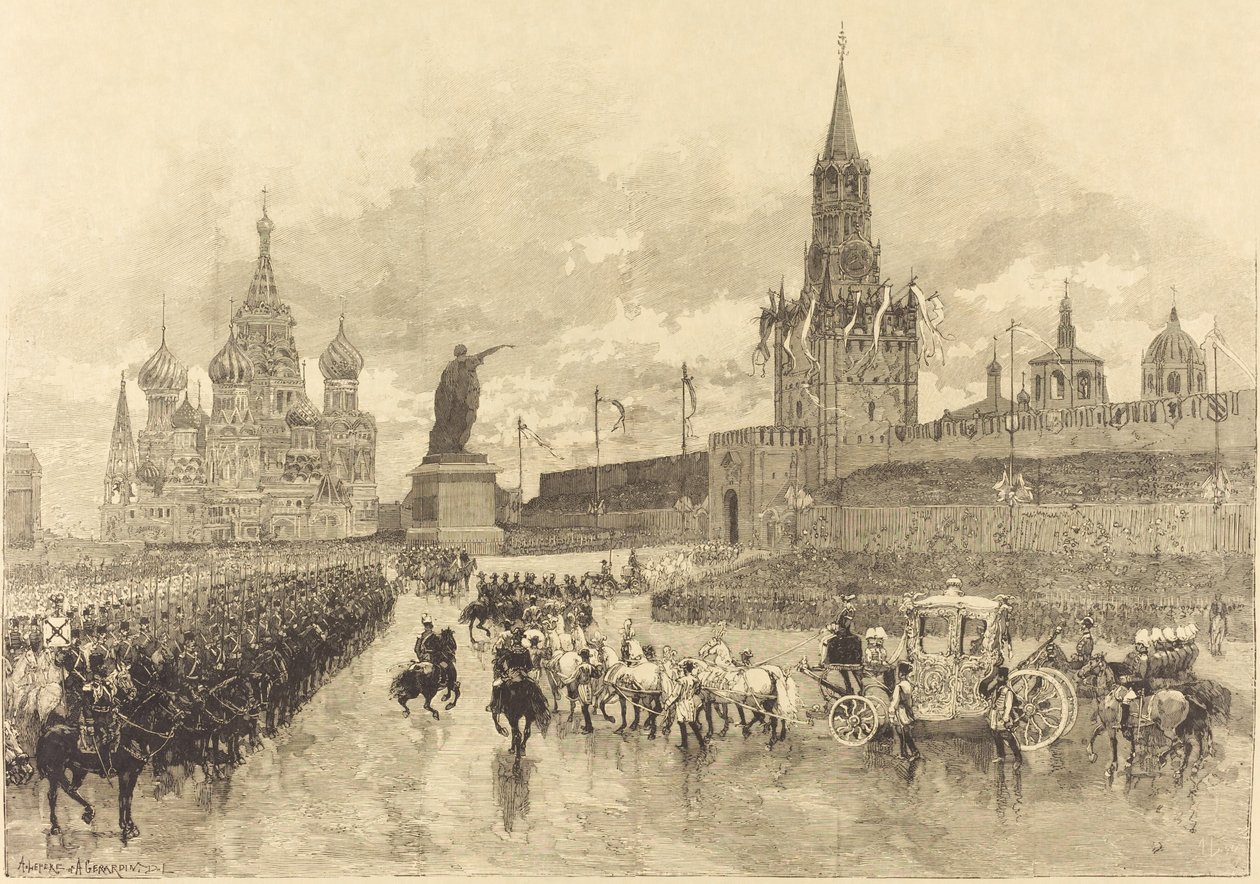 Kroningen av tsaren. Imperial Cortège krysser Place Royale, 1883. av Auguste Lepere