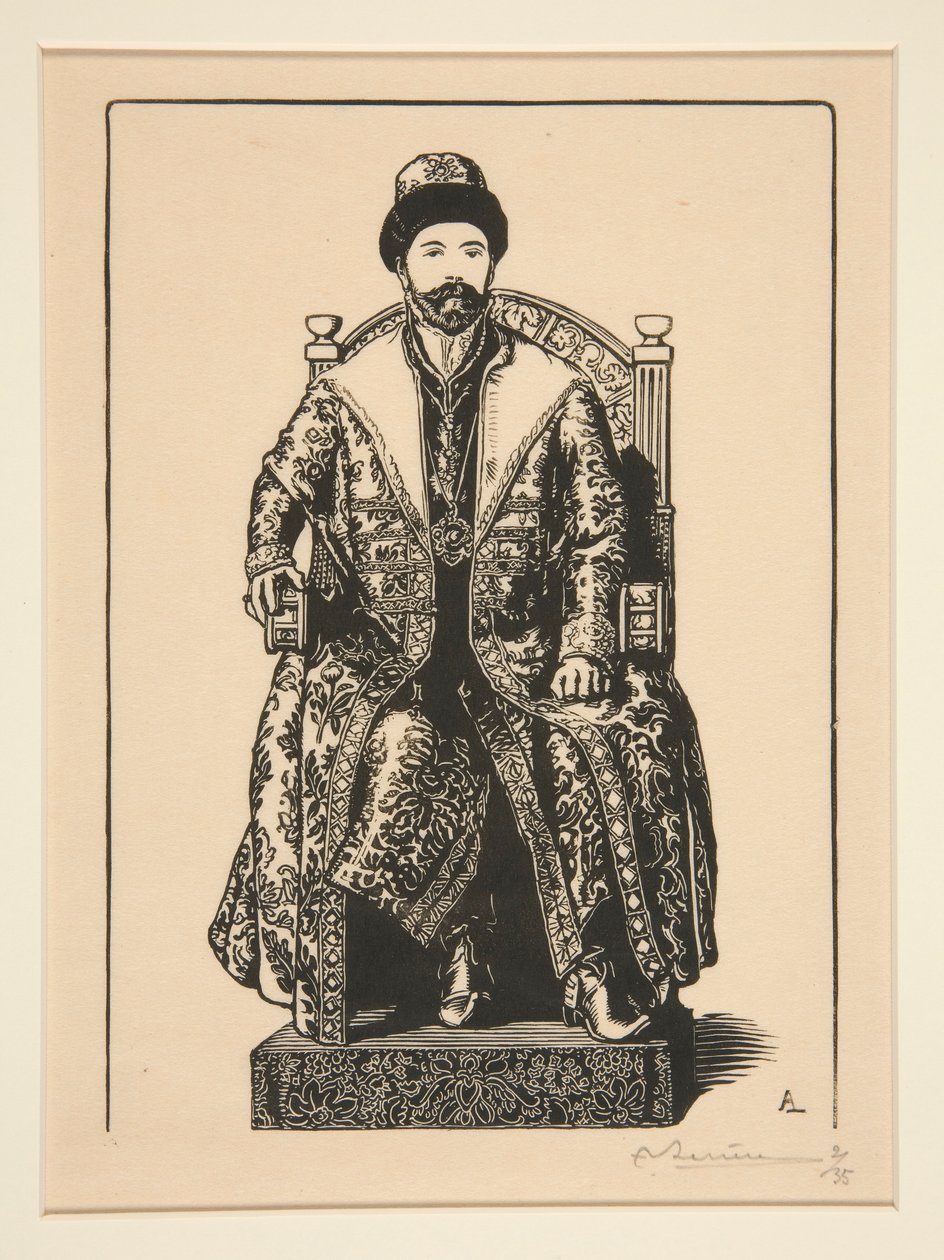 Le Csar en costume de sacre (Tsaren i kroningsklær), fra La Guerre de 1914, første serie, nr.3 av Auguste Lepere